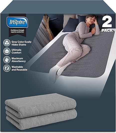 Inspire Stain Hiding Gray Washable and Reusable Incontinence Bed Pads for Adults
