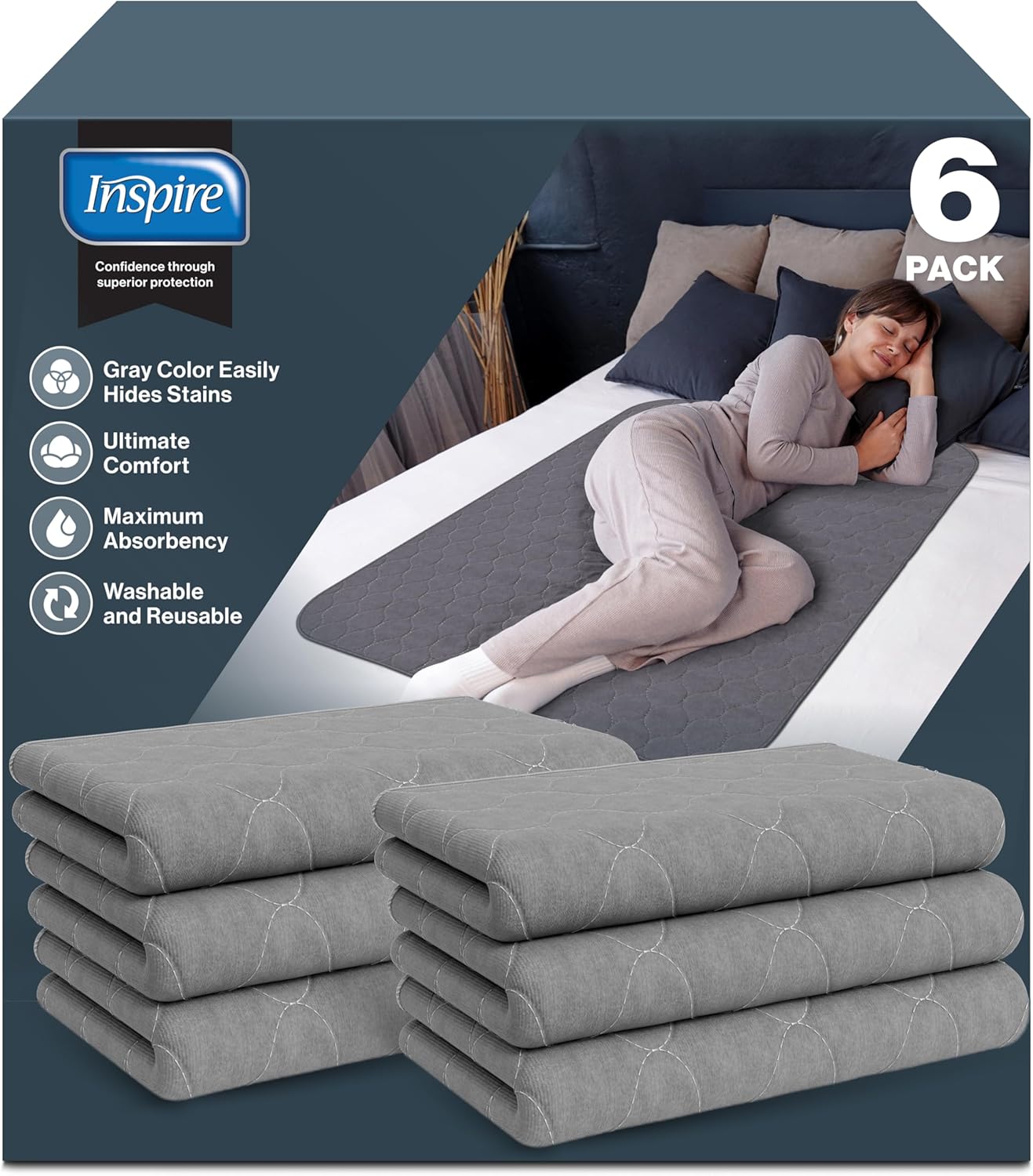 Inspire Stain Hiding Gray Washable and Reusable Incontinence Bed Pads for Adults