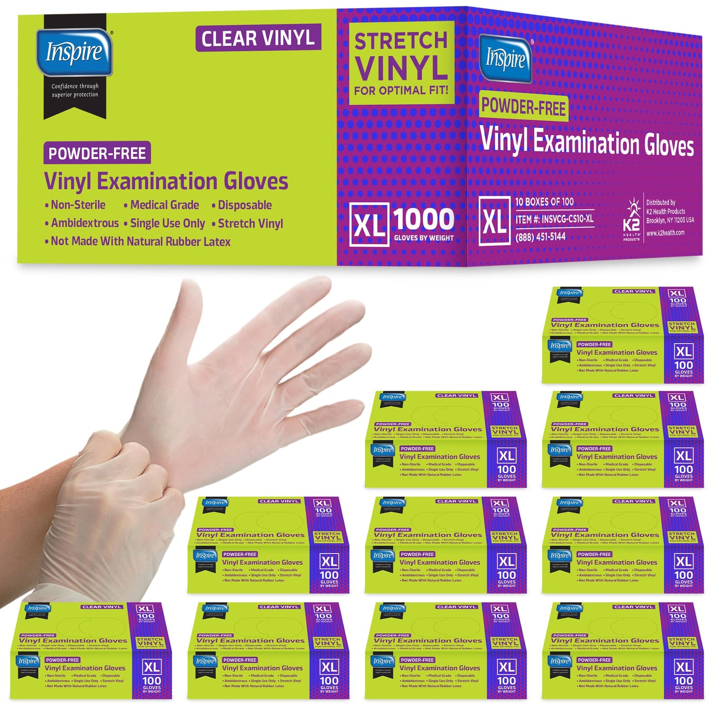 Inspire Stretch Vinyl Clear Exam Gloves 1000 Count