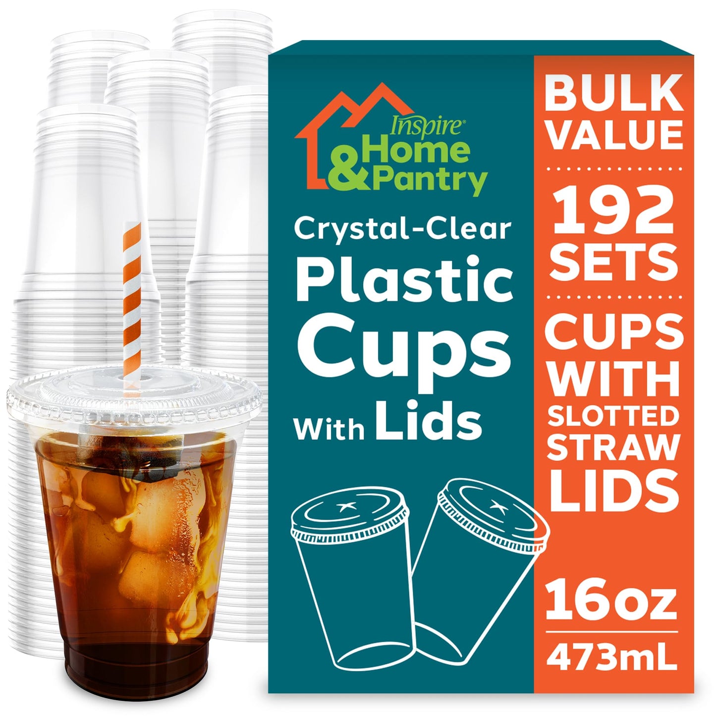 Inspire Home & Pantry Plastic Cups with Lids | BULK SAVINGS Smoothie Cup, Iced Coffee, Soda | Crystal Clear | 12 Oz Case of 200