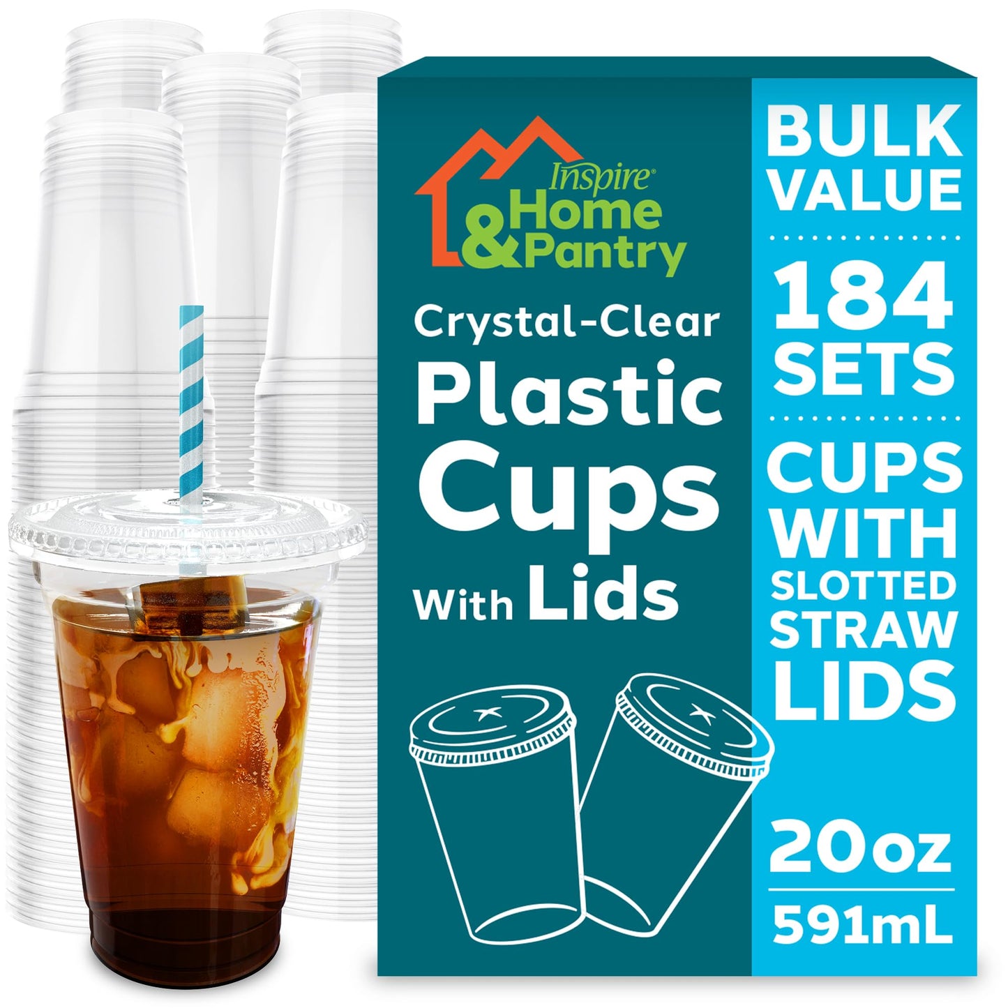 Inspire Home & Pantry Plastic Cups with Lids | BULK SAVINGS Smoothie Cup, Iced Coffee, Soda | Crystal Clear | 12 Oz Case of 200