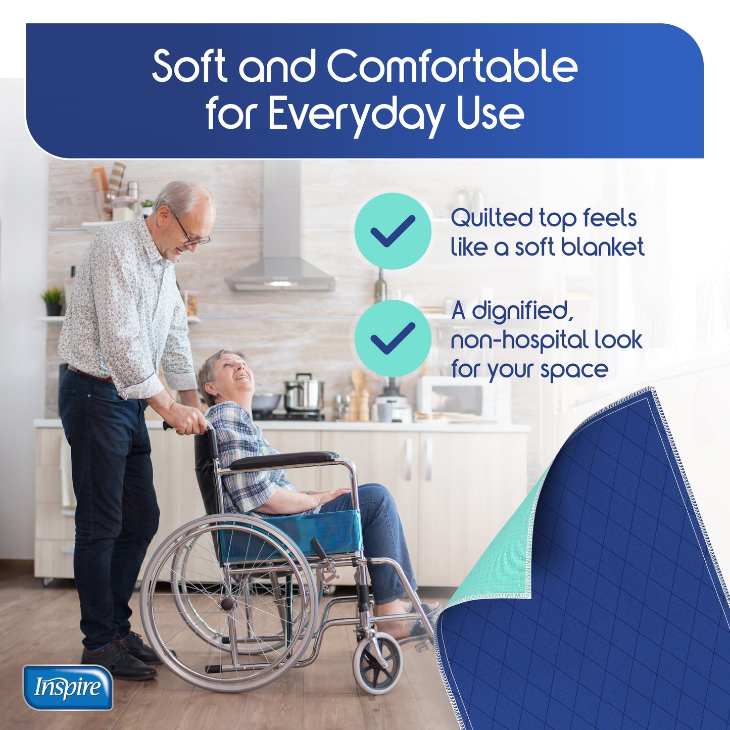 Inspire Waterproof Chair Pad, Dark Colored to Hide Stains, 18 x 24 – Quilted, for Incontinence Washable 3 PACK