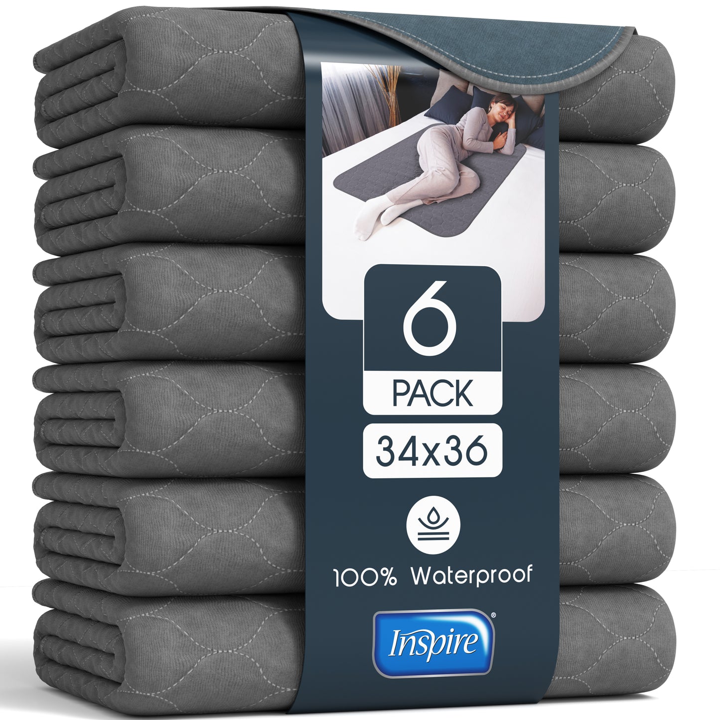 Inspire Stain Hiding Gray Washable and Reusable Incontinence Bed Pads for Adults