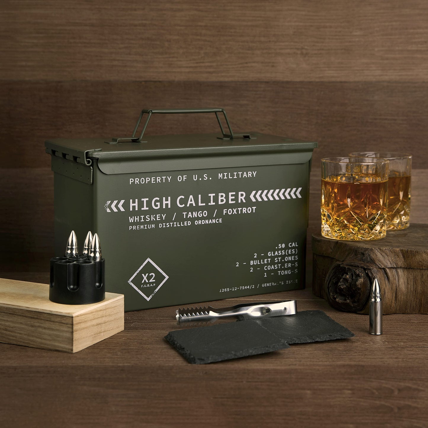 Whiskey Glasses and Whiskey Stones in Tactical Box