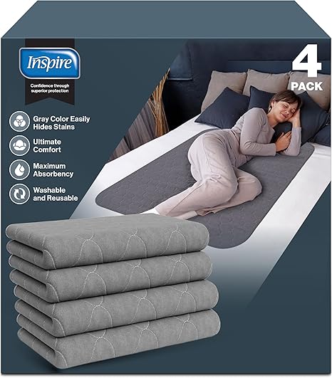 Inspire Stain Hiding Gray Washable and Reusable Incontinence Bed Pads for Adults