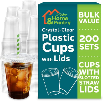 Inspire Home & Pantry Plastic Cups with Lids | BULK SAVINGS Smoothie Cup, Iced Coffee, Soda | Crystal Clear | 12 Oz Case of 200