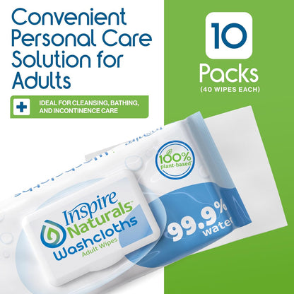 Inspire Naturals 99.9% Water Based Wet Wipes For Adults | Plastic Free Adult Wipe Extra Large Unscented | Disposable Washcloths For Elderly Incontinence, Bathing and Body (400 Ct)