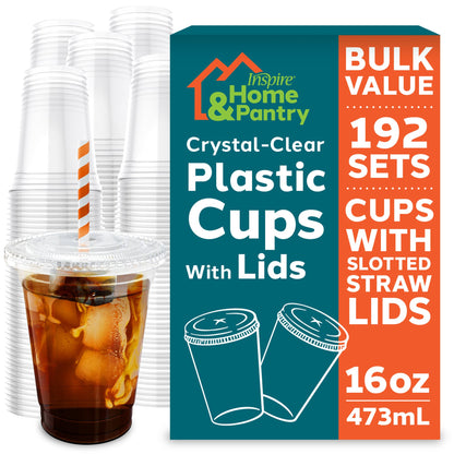 Inspire Home & Pantry Plastic Cups with Lids | BULK SAVINGS Smoothie Cup, Iced Coffee, Soda | Crystal Clear | 12 Oz Case of 200
