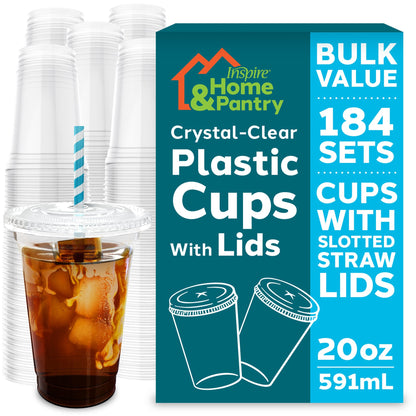 Inspire Home & Pantry Plastic Cups with Lids | BULK SAVINGS Smoothie Cup, Iced Coffee, Soda | Crystal Clear | 12 Oz Case of 200