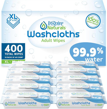 Inspire Naturals 99.9% Water Based Wet Wipes For Adults | Plastic Free Adult Wipe Extra Large Unscented | Disposable Washcloths For Elderly Incontinence, Bathing and Body (400 Ct)