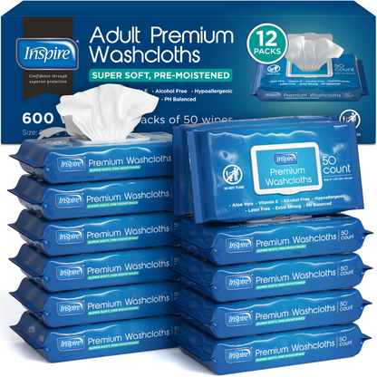 Inspire Adult Wash Cloths 600 Count, 12 Packs of 50