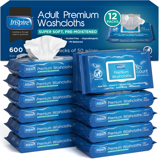 Inspire Adult Wash Cloths 600 Count, 12 Packs of 50