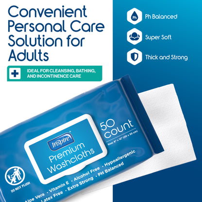 Inspire Adult Wash Cloths 600 Count, 12 Packs of 50