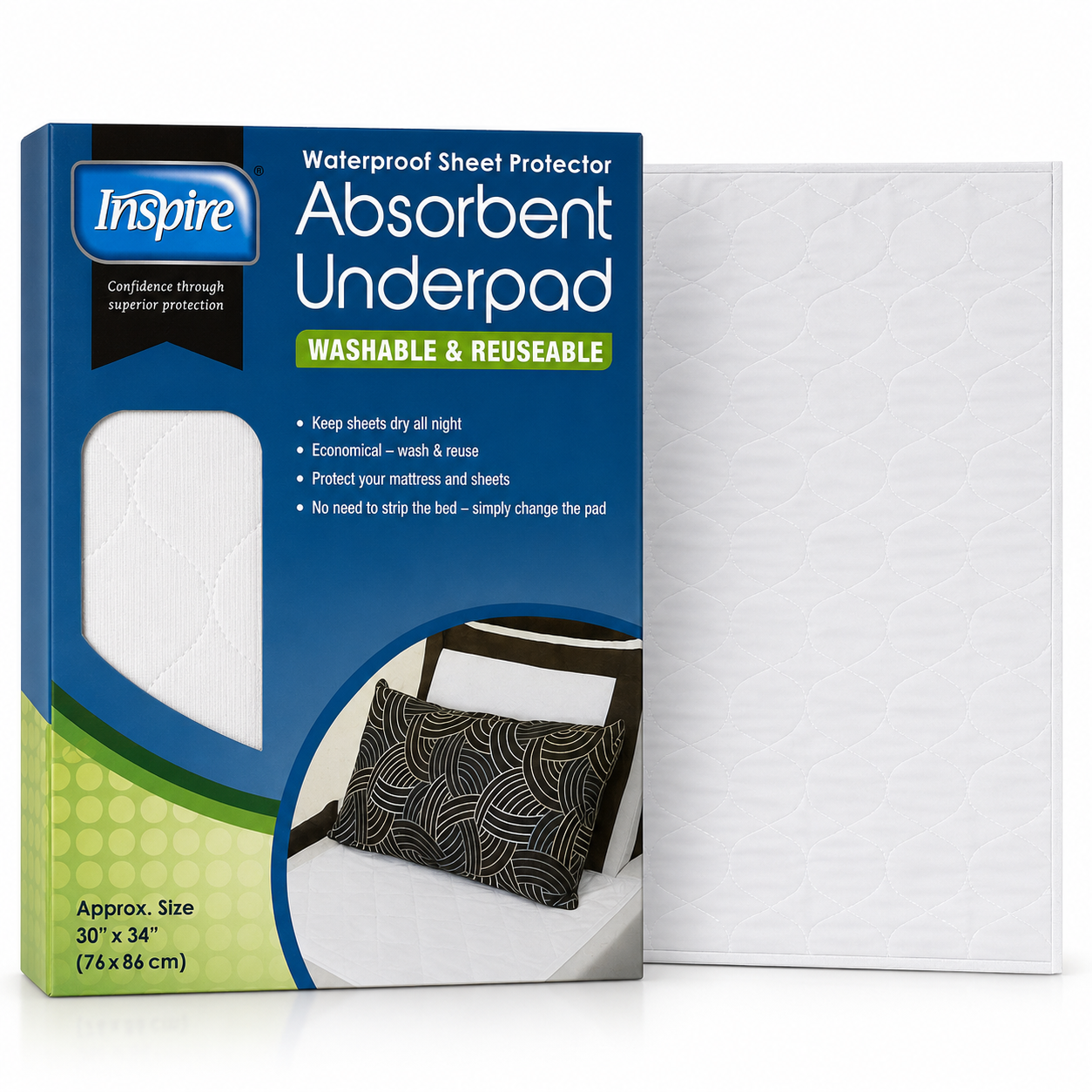 Inspire Washable Reusable Incontinence Underpad, 30 Inches X 34 Inches White