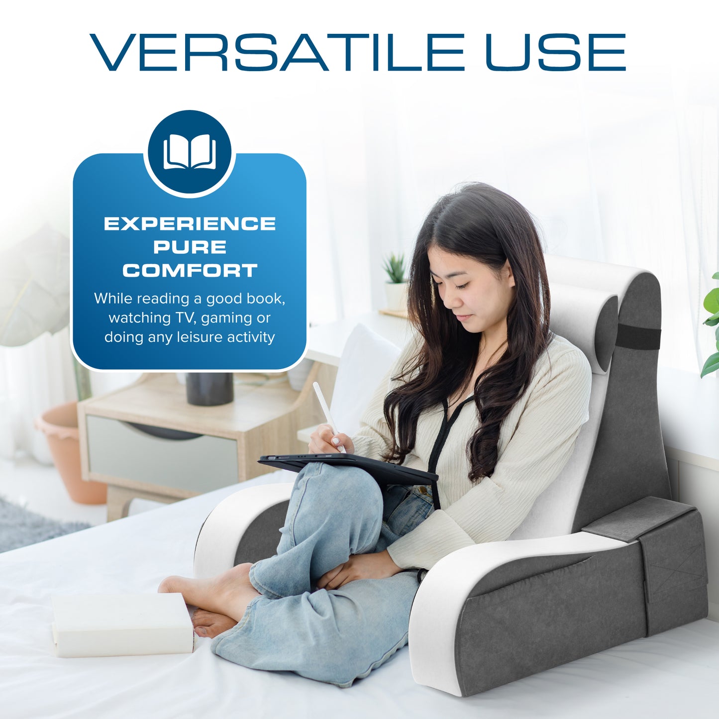 Kolbs Reading Pillow | Full Support for Comfort Solid Foam (Grey/White)