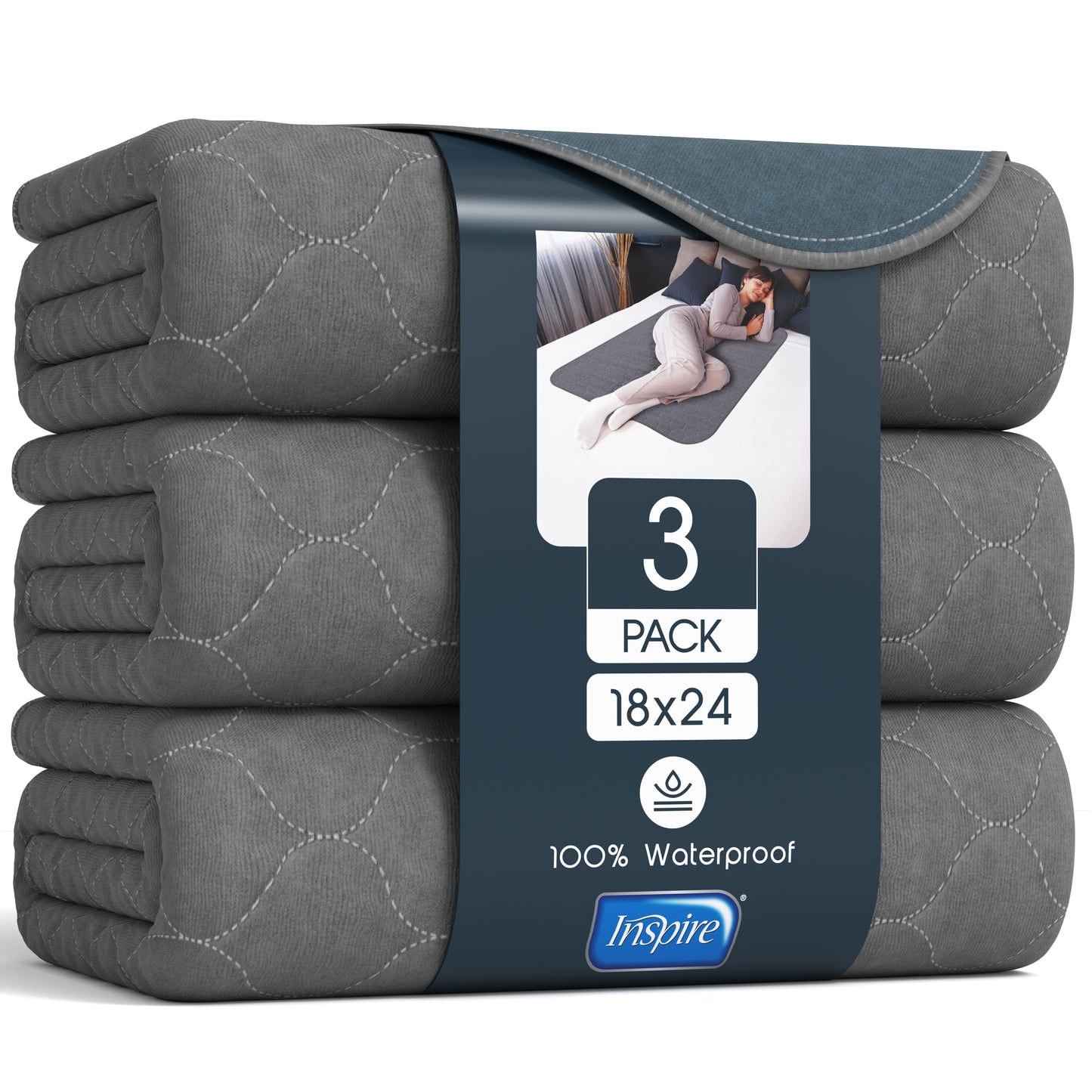 Inspire Stain Hiding Gray Washable and Reusable Incontinence Bed Pads for Adults
