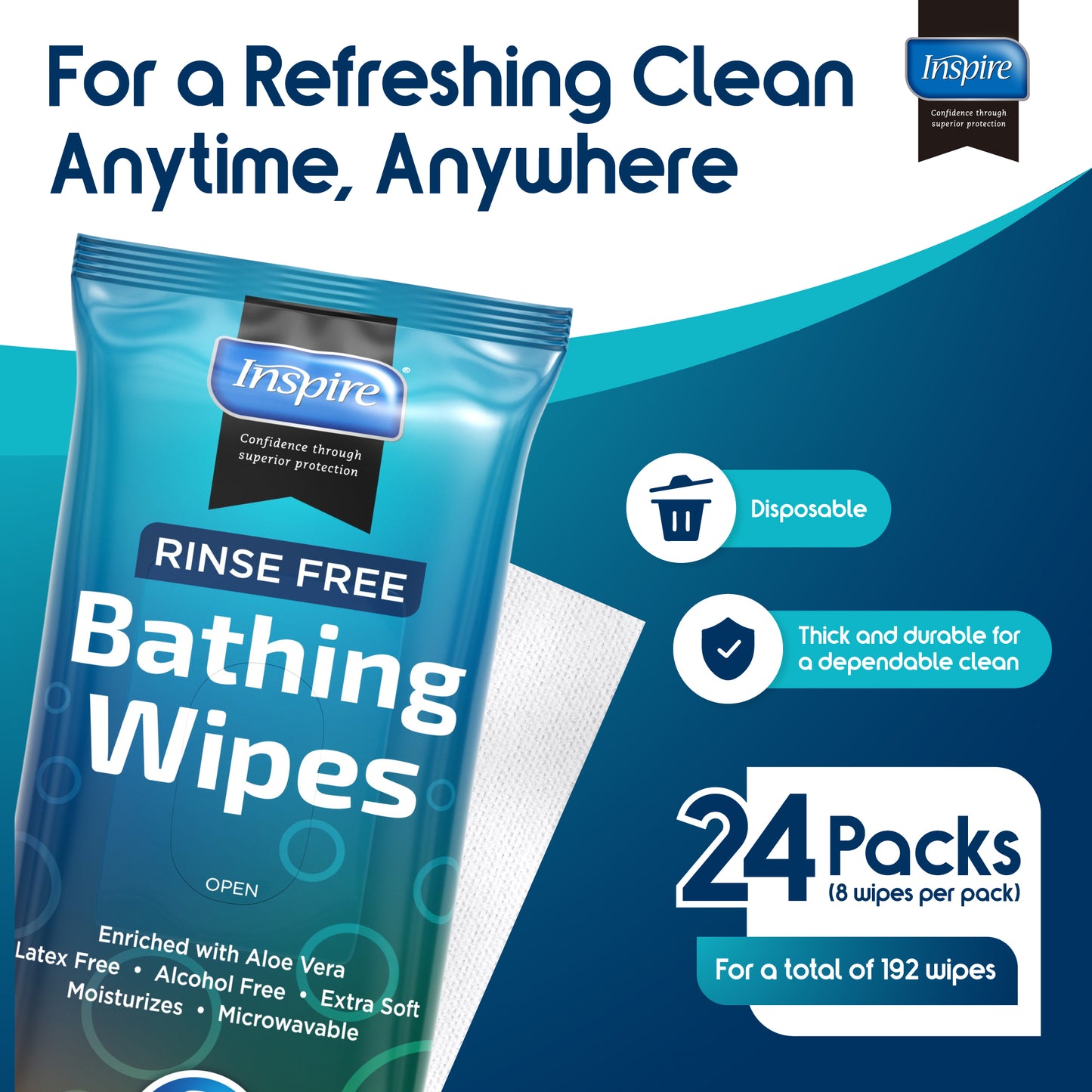Body Wipes for adults bathing Rinse Free | Adult Wash Cloths Extra Large, Bathing Wipes for Incontinence, 8"x 8" In (192 count Bulk Pack)