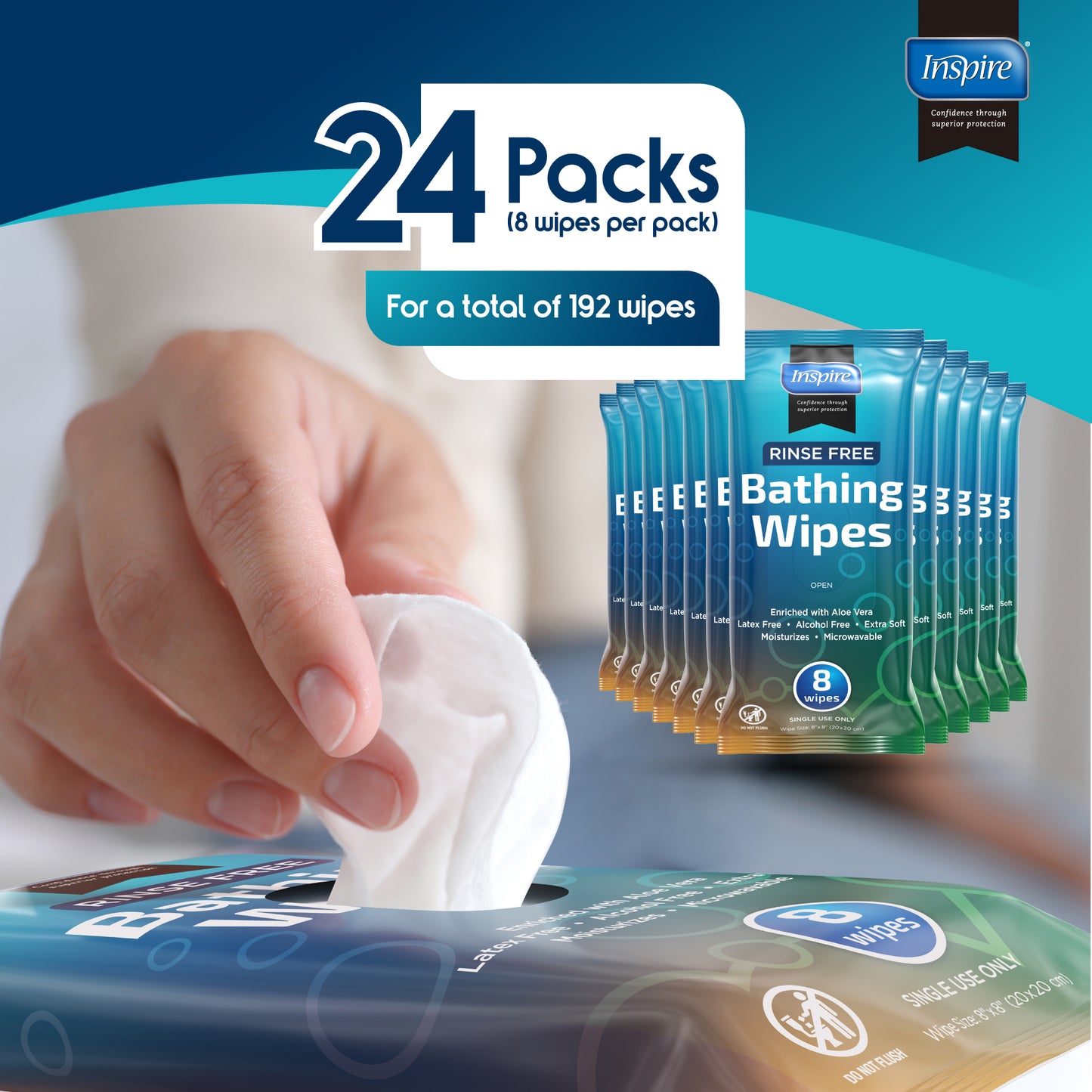 Body Wipes for adults bathing Rinse Free | Adult Wash Cloths Extra Large, Bathing Wipes for Incontinence, 8"x 8" In (192 count Bulk Pack)