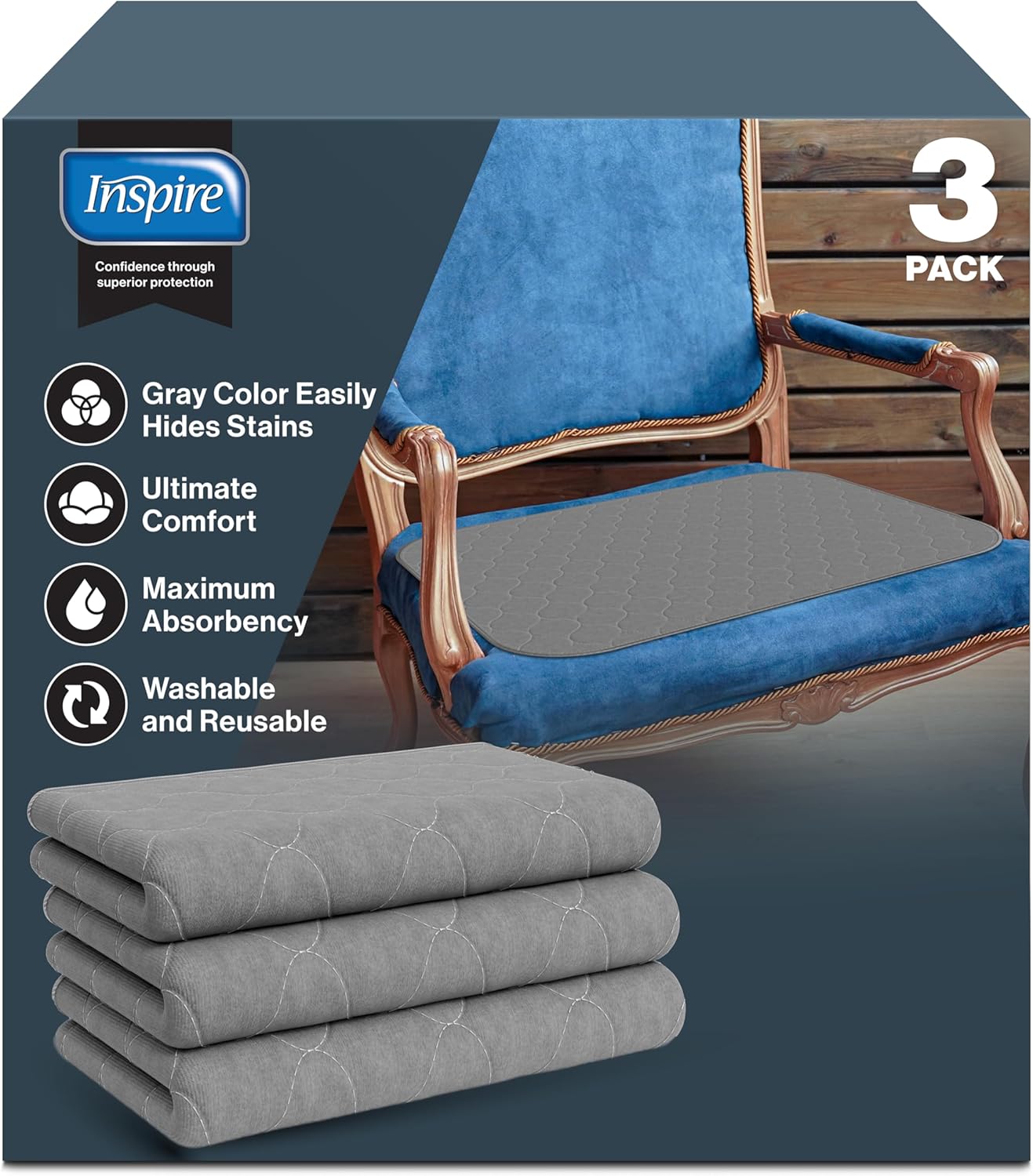 Inspire Stain Hiding Gray Washable and Reusable Incontinence Bed Pads for Adults