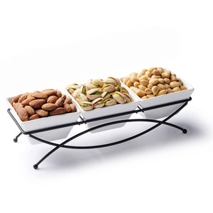 Premium fresh roasted nuts are beautifully presented in a chic ceramic sectional