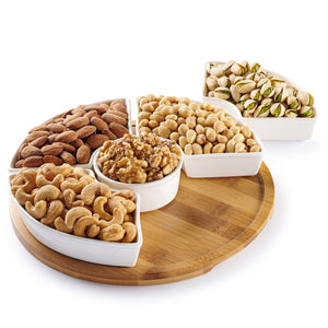 Premium fresh roasted nuts are beautifully presented in a chic ceramic sectional