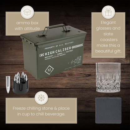  Whiskey Glasses and Whiskey Stones in Tactical Box 